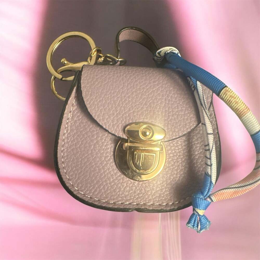 Mini Saddle Bag Keychain Coin Purse with Printed Scarf Accent and Gold Hardware